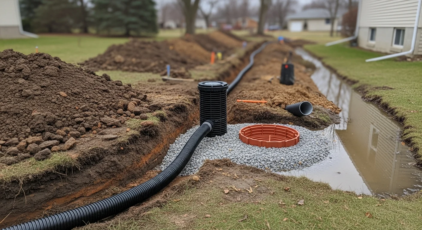 A newly installed yard drainage system with a catch basin set flush into a residential lawn in Oak Brook, Illinois. Drain piping runs along the property edge to redirect stormwater away from the home's foundation.