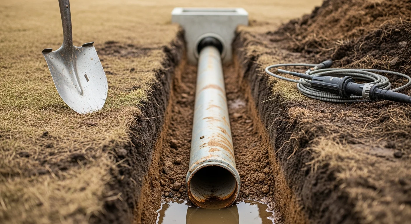 A repaired underground drainage pipe with a cleared catch basin in an Oak Brook residential yard, showing dry soil and restored grading around the drain outlet. A well-maintained lawn surrounds the repair area with no visible standing water.