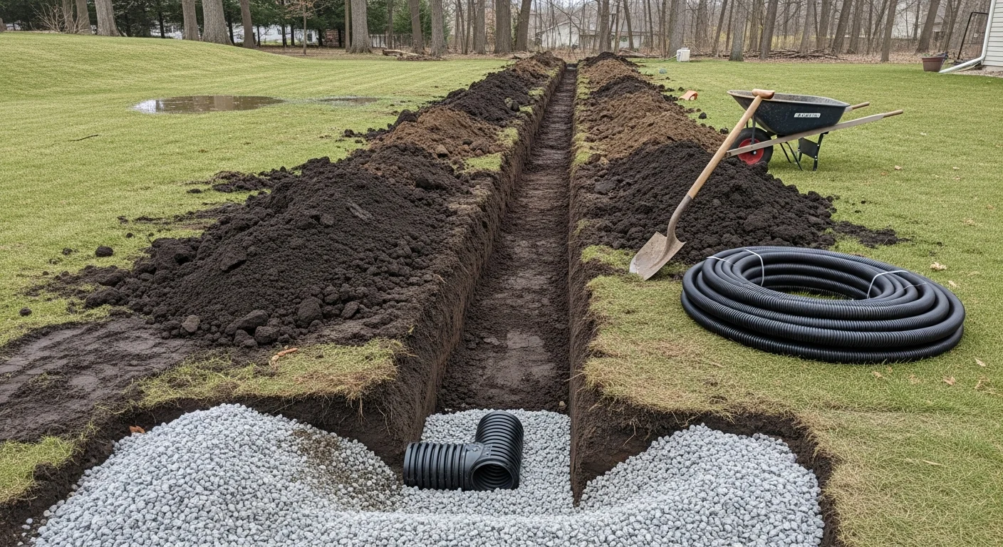 A completed French drain installation in an Oak Brook, Illinois residential backyard, showing a gravel-filled trench with perforated pipe running along a grass lawn near a home foundation. The surrounding turf is dry and level, with no visible standing water.