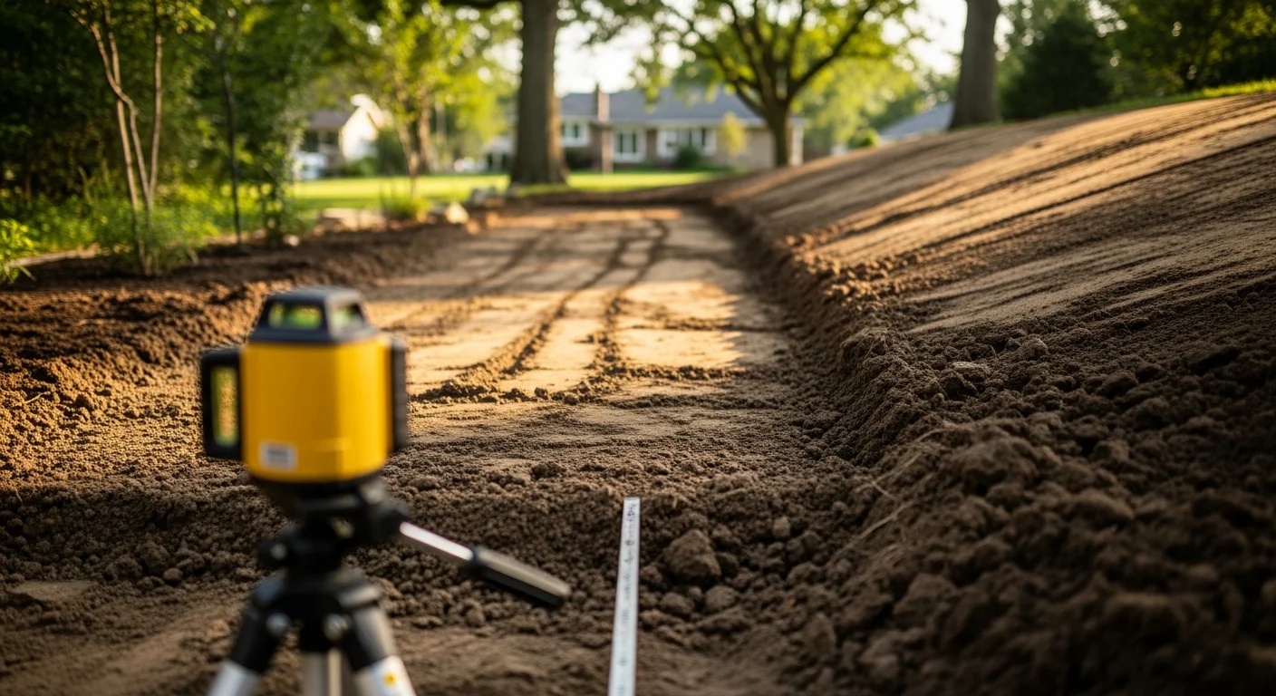 A graded residential backyard in Oak Brook, Illinois showing smoothly contoured soil sloping away from the home's foundation toward the rear of the property. The regraded lawn area is free of low spots and standing water following a slope correction project by CSM Irrigation Inc.