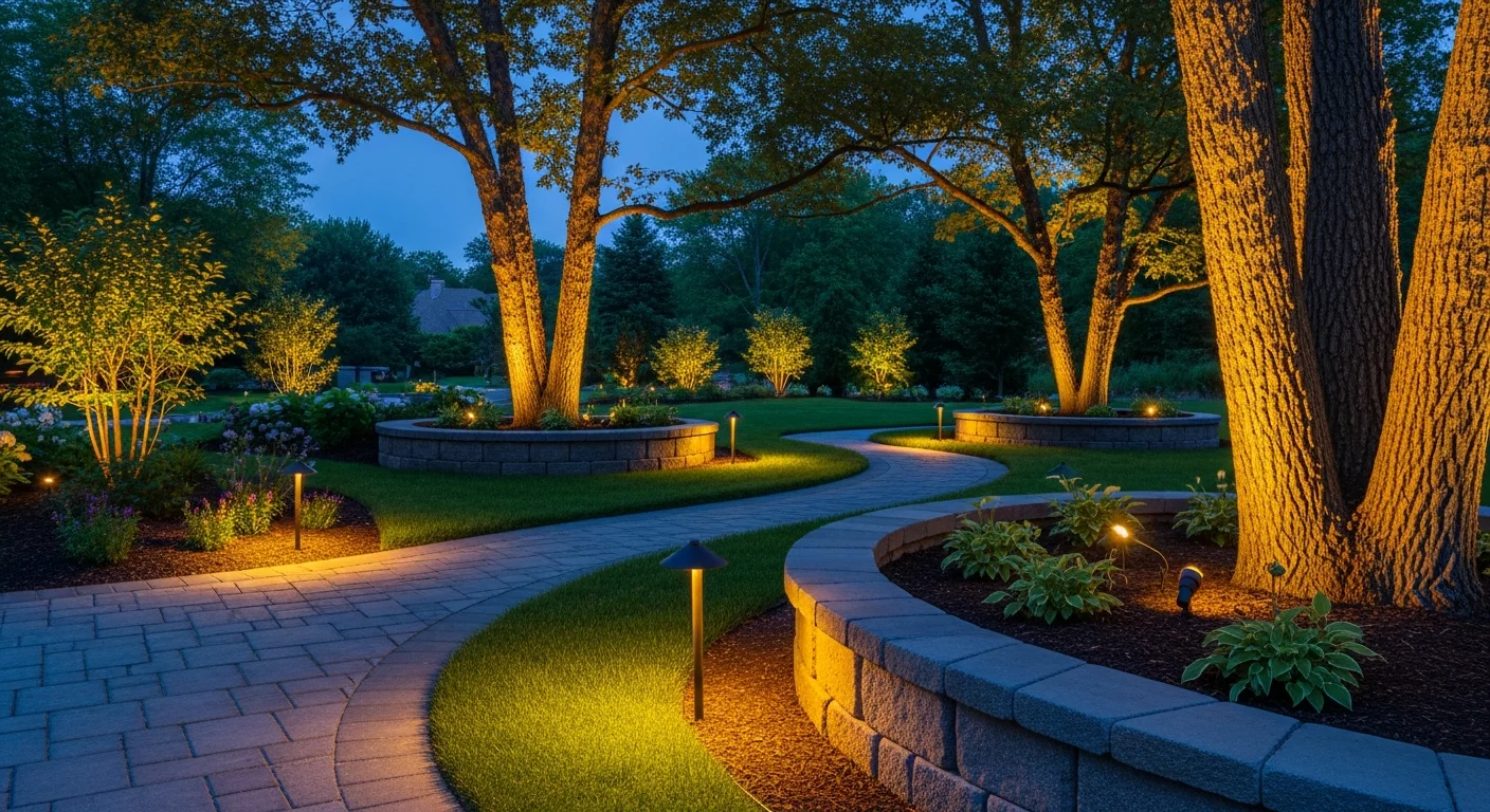 Low-voltage landscape accent lighting installed by CSM Irrigation Inc illuminates mature trees and a curved garden bed pathway at an Oak Brook, Illinois residential property after dark. Warm-toned LED fixtures highlight the layered plantings and cast even light across the stone walkway leading to the front entry.