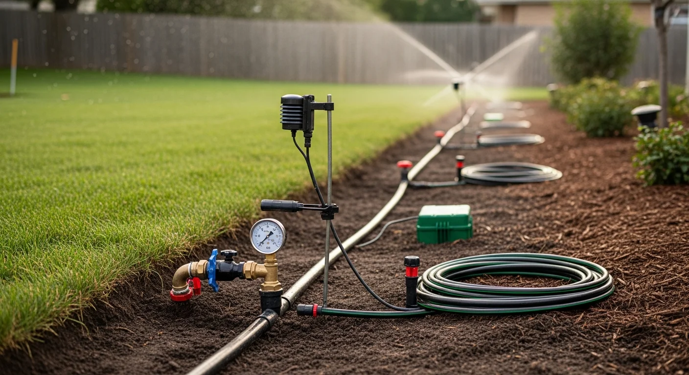 A freshly installed in-ground lawn sprinkler system with pop-up heads watering a green residential yard in Oak Brook, Illinois. A technician adjusts a zone controller mounted on an exterior wall beside a backflow preventer assembly.