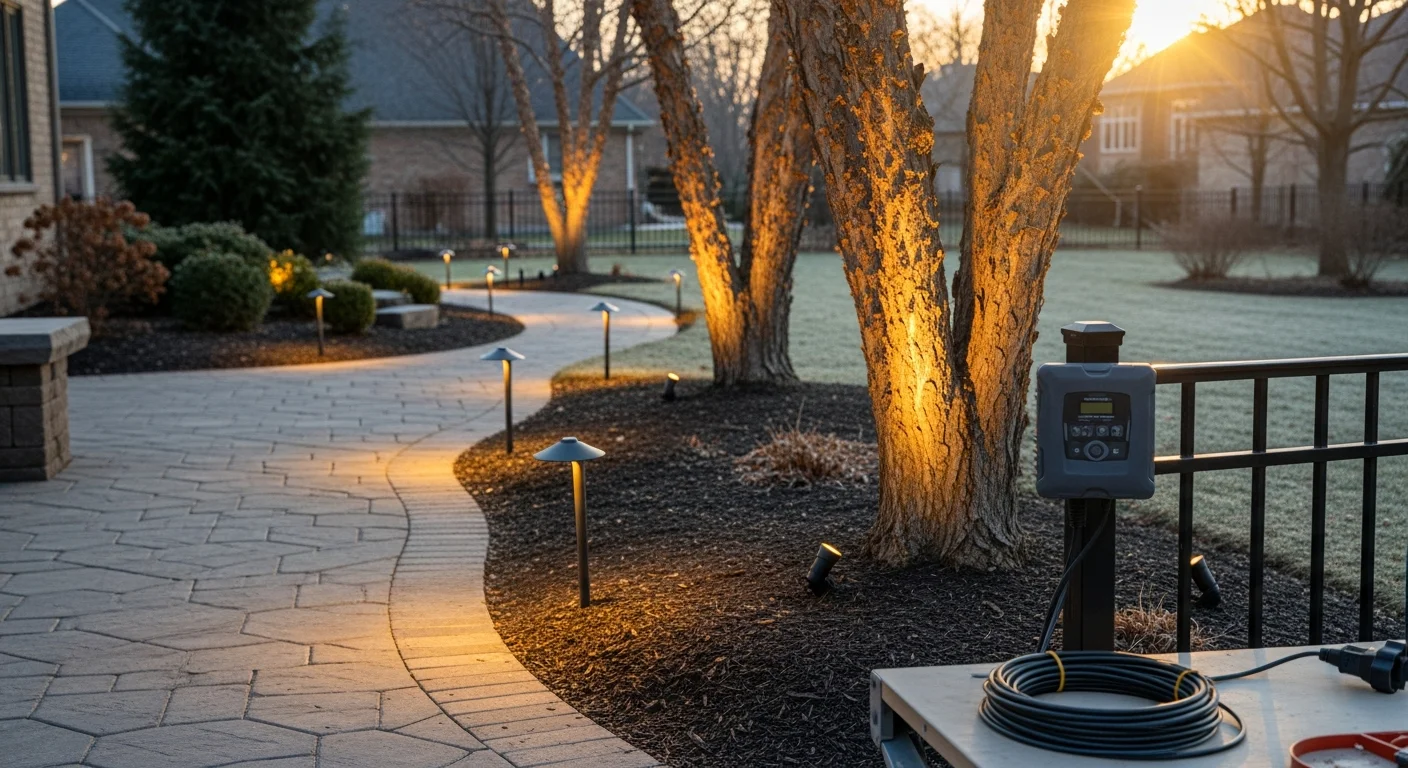 A two-story Oak Brook residential home at night with pathway lights lining the front walkway, uplighting on mature trees, and accent fixtures along a stone retaining wall. The driveway and front entry are evenly lit with no harsh shadows.