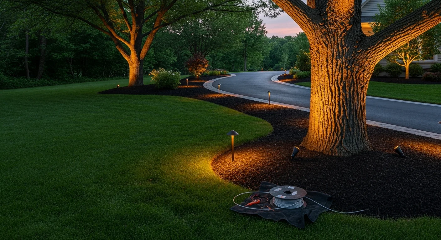 Professionally installed outdoor pathway and uplighting on a wooded residential property in Oak Brook, IL, with LED fixtures illuminating a tree-lined driveway and front landscaping at dusk.