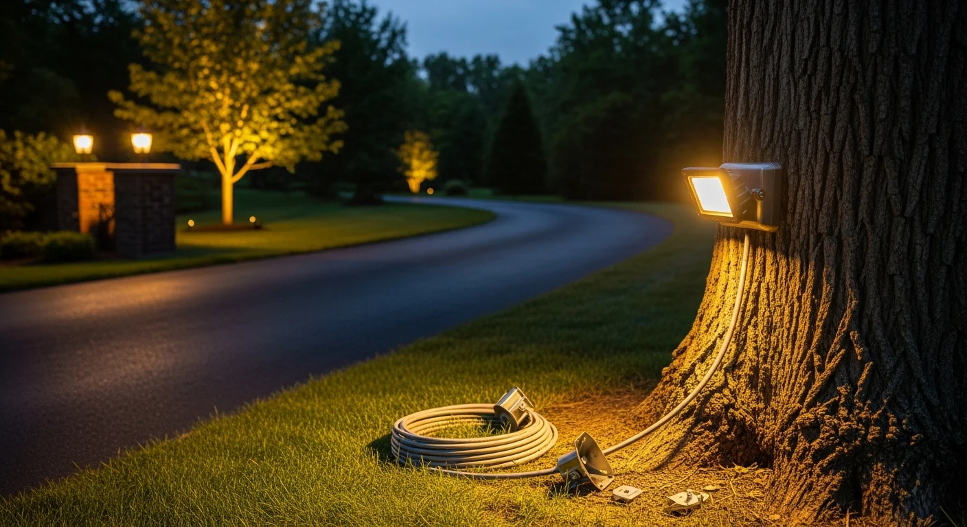 Professionally installed security lighting illuminating the driveway and front entry of a large residential property in Oak Brook, Illinois. Motion-activated fixtures cast even light across a wide lot with mature trees and a winding driveway at dusk.