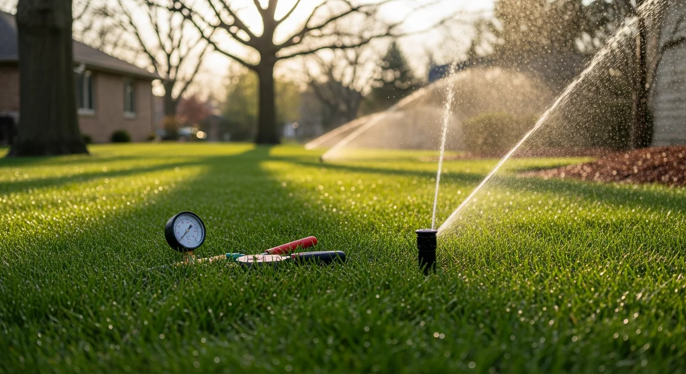 A CSM Irrigation Inc technician testing a sprinkler zone on a residential lawn in Oak Brook, Illinois, with water arcing evenly across green turf in spring conditions. The controller panel is open and visible in the background as the technician checks head coverage.