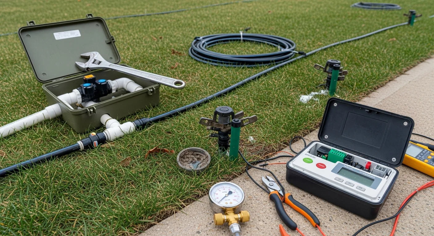 A CSM Irrigation Inc technician adjusting a sprinkler head in a residential lawn in Oak Brook, IL. The system is running with multiple zones active across a well-maintained yard.