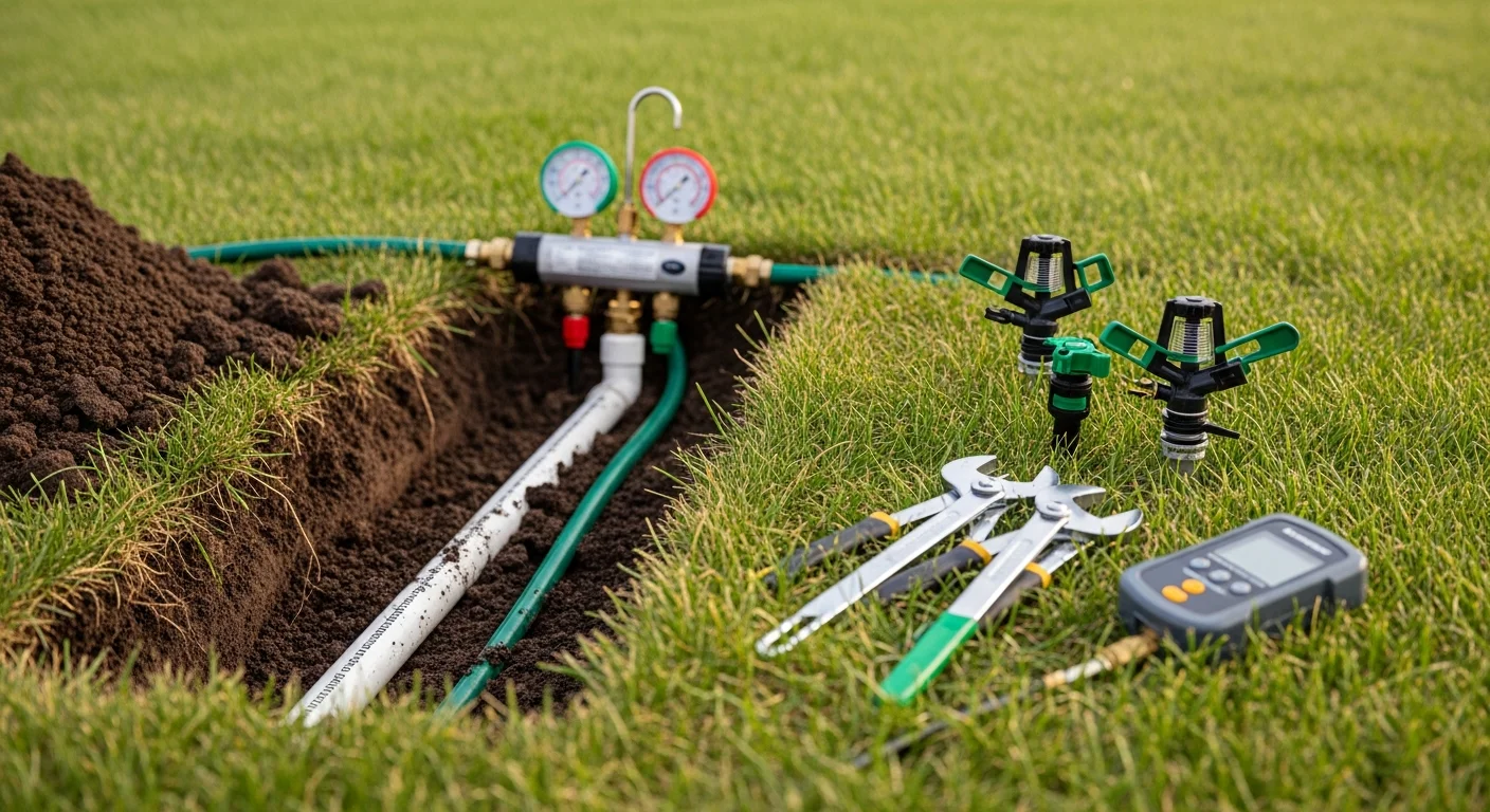 A CSM Irrigation Inc technician adjusting a sprinkler head in a residential lawn in Oak Brook, Illinois. The surrounding turf shows even green coverage with no dry or waterlogged patches visible.
