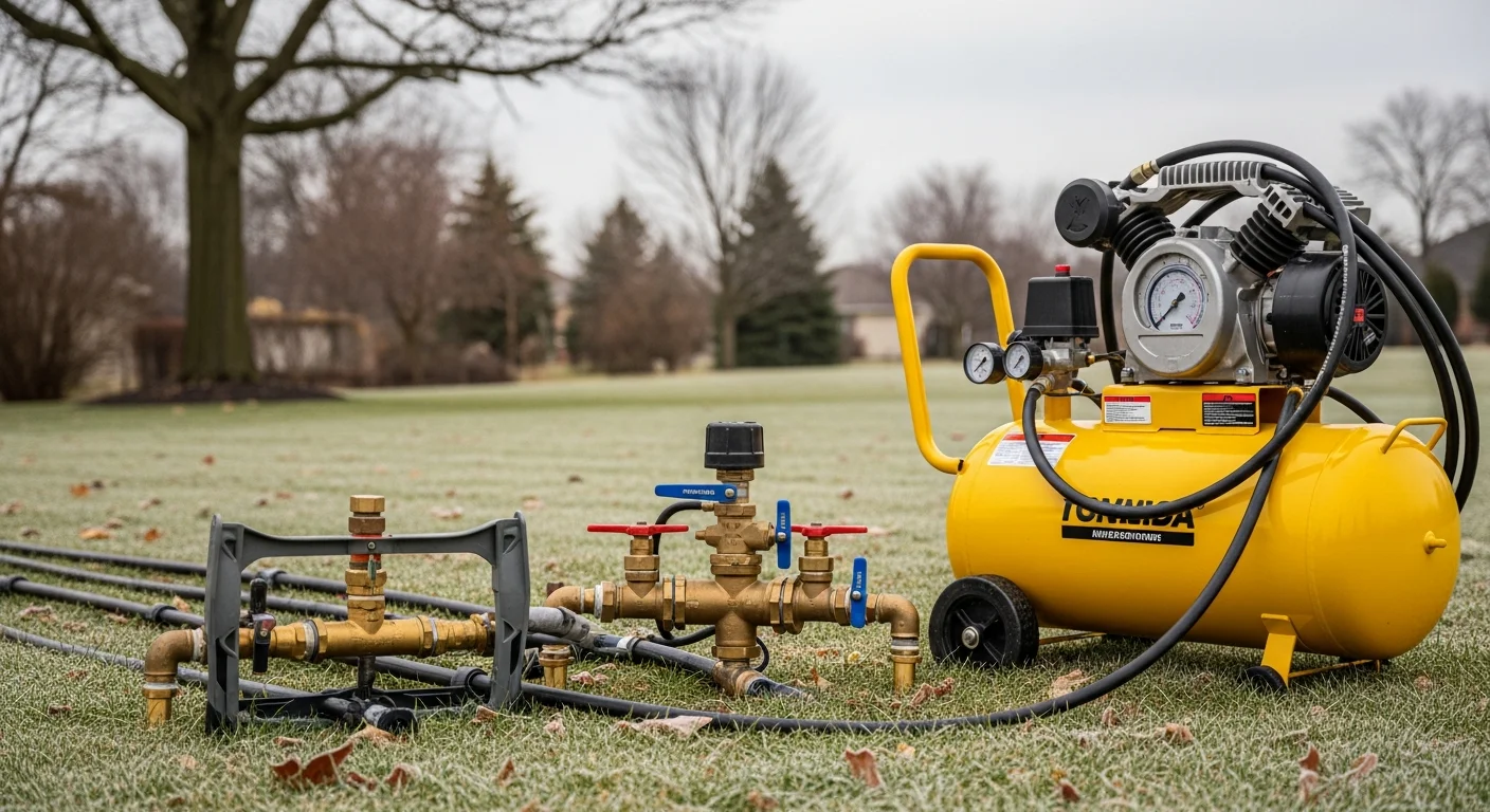 A CSM Irrigation Inc technician connecting an air compressor to a residential sprinkler system blowout port in an Oak Brook backyard during fall. Sprinkler heads in a dormant lawn are visible in the background as the blowout process clears each zone.