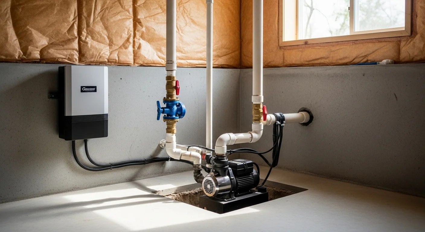 A newly installed submersible sump pump inside a concrete basin in an Oak Brook, Illinois basement, with a discharge line running toward the exterior foundation wall. The pit is cleanly cut into the basement floor with visible check valve hardware above the pump housing.